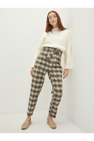 LC Waikiki Pantaloni de damă cu croială lejeră, în carouri, cu talie tip pape...