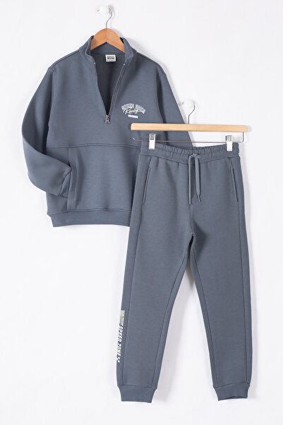 Cansın Mini Füme Kanguru Cepli Fermuar Yaka Erkek Çocuk Şardonlu Eşofman Takım 19613