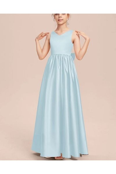 NSMLİFE Girl's Baby Blue Back V-Neck Detailed Elegant Satin Dress Graduation Birthday Christmas Dress