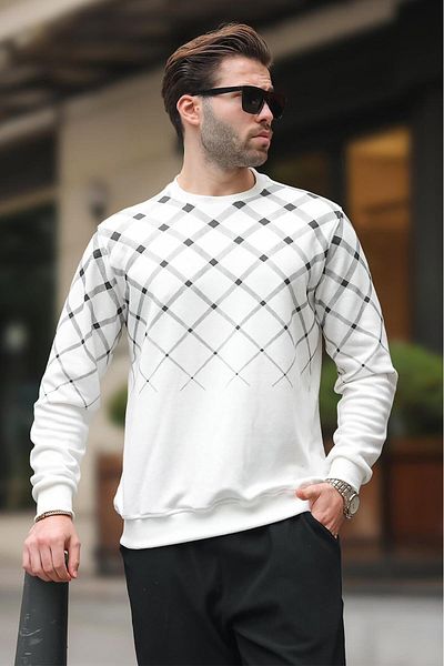 Madmext Ecru Patterned Crew Neck Knitwear Sweater 6019