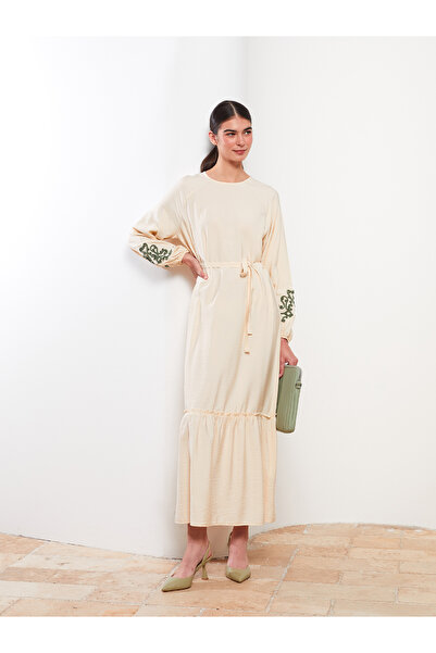 LC Waikiki Sukienka damska z okrągłym dekoltem i haftowanym długim rękawem