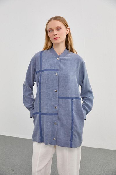 Zühre Jachetă sport indigo cu dungi cu guler înalt C-0086