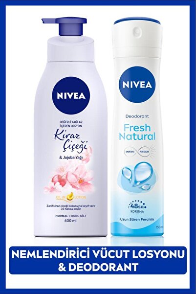 NIVEA Kadın Sprey Deodorant Fresh Natural 150ml, Kiraz Çiçeği Nemlendirici Vücut Losyonu 400ml