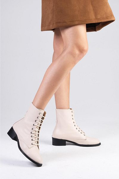 Mio Gusto Lori Beige Color Thin Fur Lined Lace Up Women's Short Heeled Boots