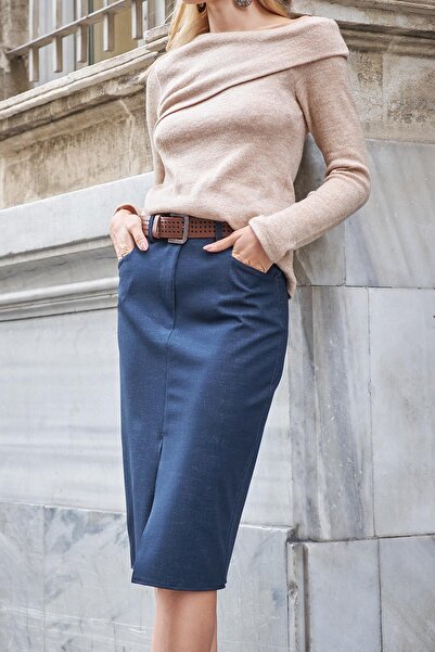 Jument Leather Belted High Waist Pocketed Front Slit Knee-Length Thick Fabric Pencil Skirt (Belt Included)-Navy Blue J