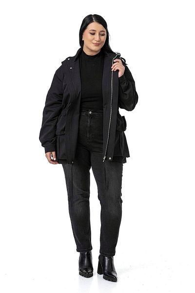 DISENTIS MODEST Large Size Black Trench Coat with Snap Fasteners and Zipper Closure and Drawstring Waist