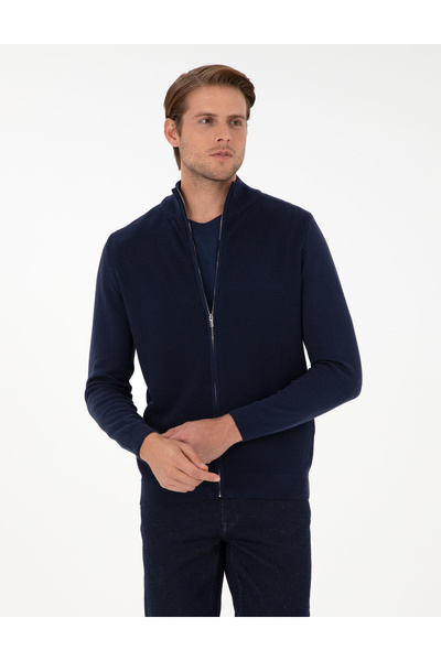 Pierre Cardin سترة تريكو بسحاب بقصة ضيقة باللون الأزرق الداكن 50300497-VR033