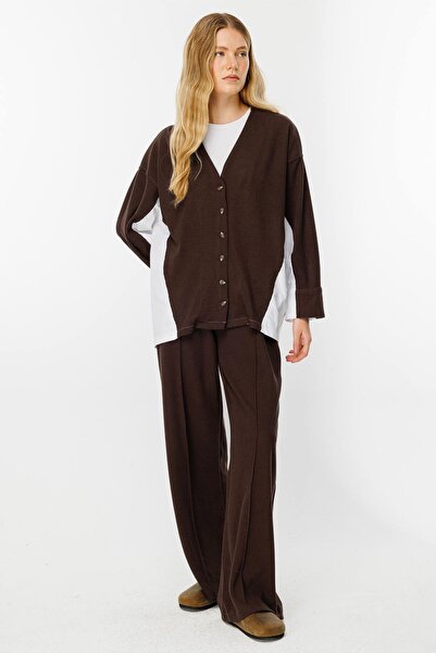 Hooopstore Σετ παντελονιού Poplin Knitwear Ζακέτα με λεπτομέρειες σε καφέ χρώμα