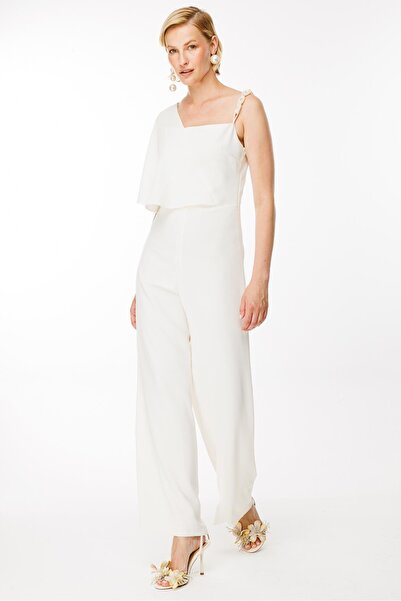 accort Önü Asimetrik Kesim Tek Omuz Boncuklu Tulum-kemık