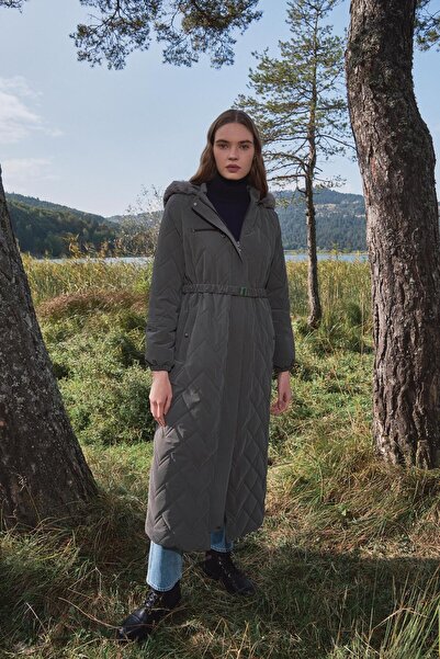 Zühre Fur Detailed Hooded Long Smoked Puffer Coat 12765