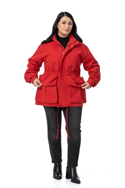 DISENTIS MODEST Large Size Red Trench Coat with Snap Fasteners and Zipper Closure and Drawstring Waist