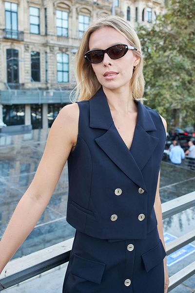 Jument Lycra Fabric Collared Flato Pocket Double Breasted Stylish Office Vest (Exclusive Code 100116 )-Dark Blue