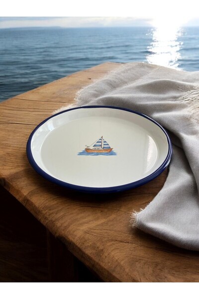 EMAYE TEZGAHI 4 Adet 24 CM Servis Tabağı, Meze Tabağı, Çeyizlik Emaye Pizza Tepsisi, Emaye, Retro, Marine Tabak