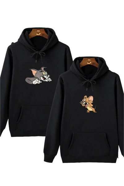 ALCİNOUS سويت شيرت بقلنسوة أسود منقوش من توم وجيري - مجموعة مكونة من قطعتين