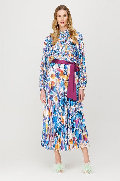 accort Hem Pleated Shirt Collar Patterned Dress - BLUE