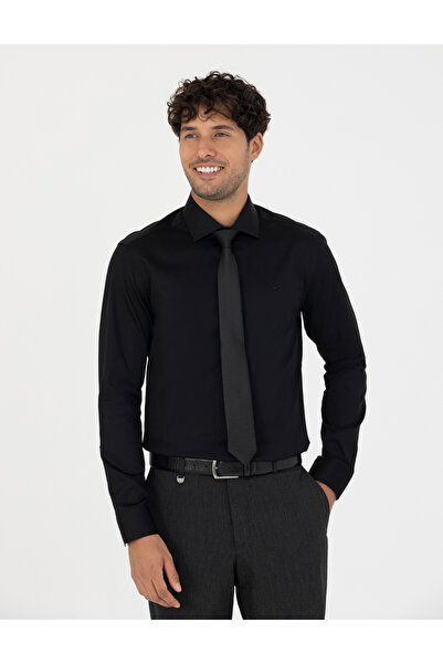 Pierre Cardin قميص أسود بقصة ضيقة وأكمام طويلة 50286000-VR046