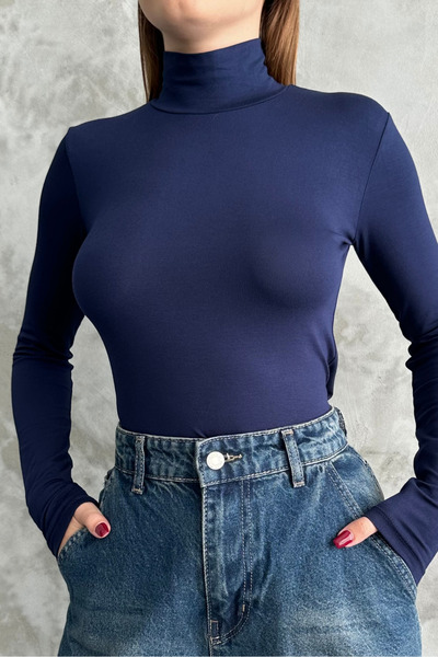 macharel jeans Navy Blue Half Turtleneck Basic Long Sleeve Bodysuit