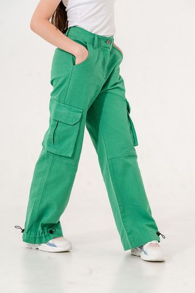 GİYİCEM Girl's Trousers Linen Pant with Elastic Cargo Pocket