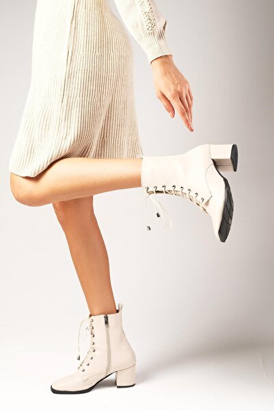 Mio Gusto Bethany Bej Renk Yandan Fermuarlı Ve Bağcıklı Küt Burunlu Kadın Topuklu Bot