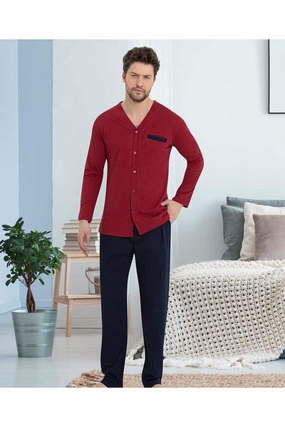 bie's Men's Claret Red V-Neck Front Buttoned Shirt Collar Chest Pocket Combed Cotton Pocket Long Sleeve Pajama Set