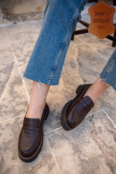 LAMİNTA Miton Bitter Brown 4cm Thick Sole Special Stitching Design Genuine Leather Women's Loafer