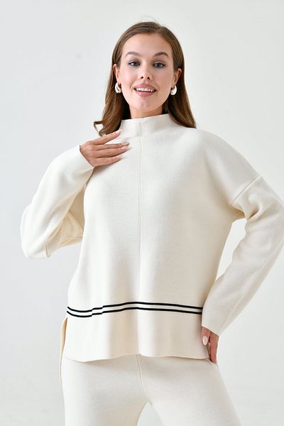 WOMAN VISION Cream Colored Stretch Knitwear Stripe Detailed Oversize Sweater and High Waist Trousers Set - 3040