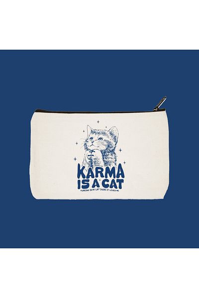 designedfy Karma Is A Cat Αδιάβροχη υφασμάτινη τσάντα μακιγιάζ, θήκη για στυλό, πορτοφόλι