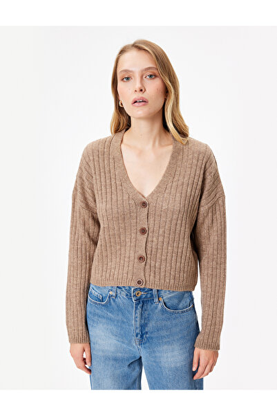 Koton Weiche, strukturierte, gestreifte Strickjacke mit V-Ausschnitt und Knöpfen