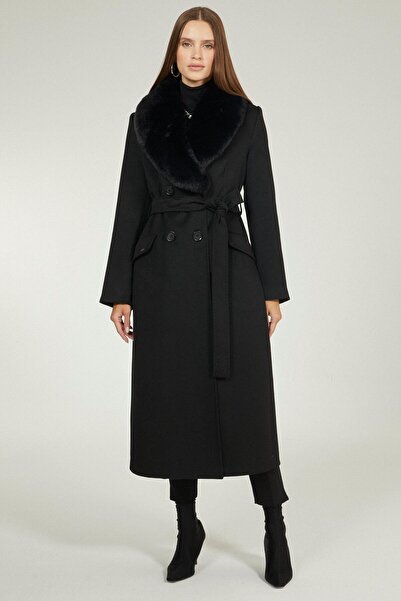Zühre Collar Fur Detailed Black Coat 12358