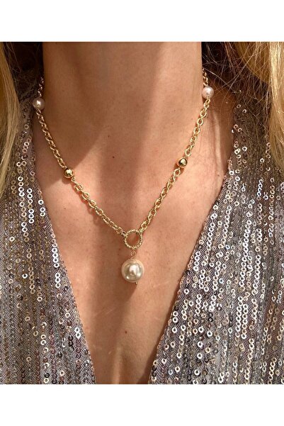 Esmeray Aksesuar Vip Çelik Gold Renk Lazer Kesim İnci Detaylı Kolye Uzunluk M...