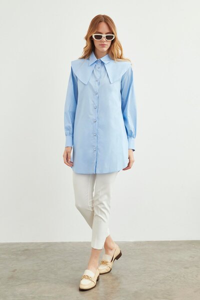 Zühre Yaka Detaylı Mavi Gömlek G-0077