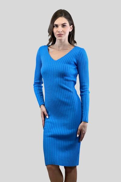 Miss Poem V Yaka Fitilli Kadın Basic Triko Elbise