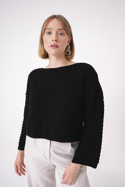 CHUBA Pulover de damă cu mânecă spaniolă cu model, cu potrivire confortabilă, cu gâtul rotund, negru 25W3006