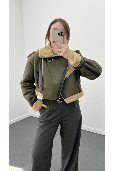 Narferita Ginevra Khaki Biker Fur Coat