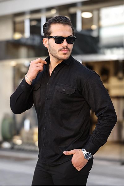 Valiberta Double Pocket Men's Thin Corduroy Shirt - Black