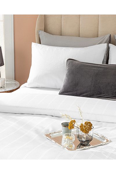 English Home White Lystra Striped Cotton Satin Double Duvet Cover Set