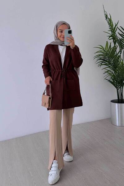 Ka Hijab Waist Tie Double Pocket Mercerized Hijab Cardigan - Brown
