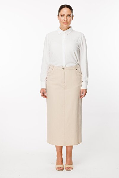accort Büyük Beden Pamuk Kot Etek - BEJ
