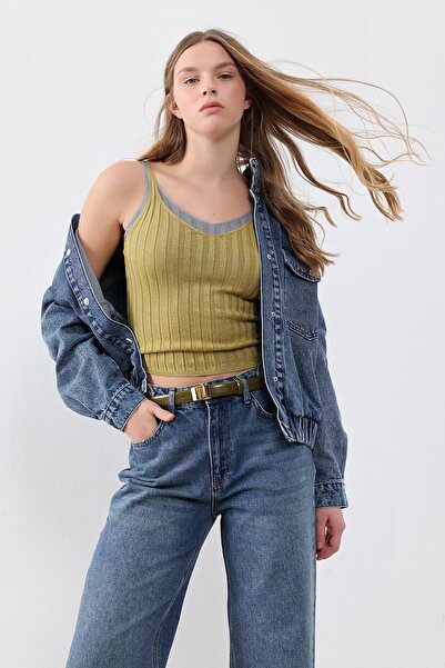 pieces of melon Koyu Mavi Cep Detaylı Denim Bomber Ceket