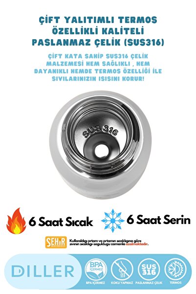 DILLER Yeni Koleksiyon 1260ml Kulplu Fincan-Kapaklı Askılı Paslanmaz Çelik Termos Kamp Matarası
