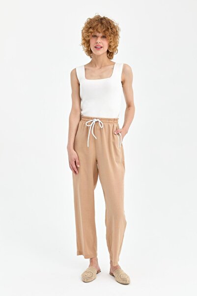 accort Beli Lastikli  Keten Pantolon - CAMEL