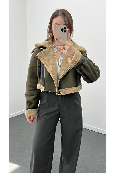 Narferita Ginevra Khaki Biker Fur Coat