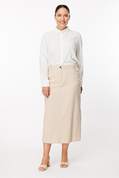 accort Büyük Beden Pamuk Kot Etek - BEJ