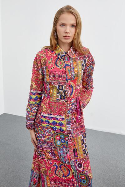 Zühre Rochie lungă fucsia cu model guler de cămașă E-0390