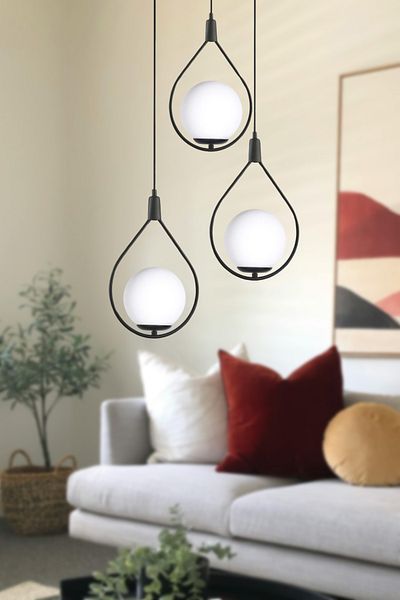 Modavize Deco Modern Design Cafe - Kitchen - Living Room - Living Room Black Color White Glass 3-Piece Chandelier