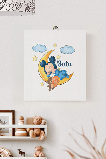 Lilabio İsme Özel Çocuk Odası Kanvas Tablo Mickey Mouse (17x21 Cm)