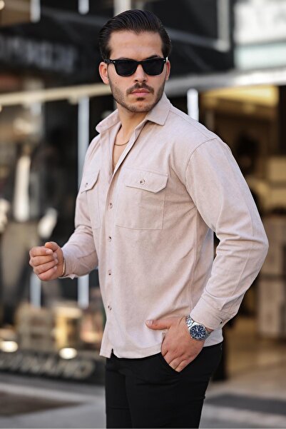 Valiberta Чоловіча оксамитова сорочка з двома кишенями та тонкою підкладкою - бежева