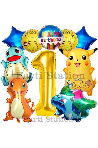Parti Station Pokemon Concept 1 Year Old Birthday Balloon Set Pokemon Pikachu Balbazar Charmender Chunky Balloon
