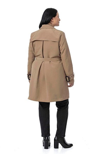 DISENTIS MODEST Plus Size Double-Breasted Sleeve Band Detailed Pocket Belted Lined Mink Trench Coat