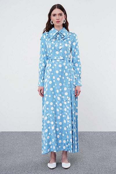 Zühre Rochie albastră cu guler cămașă cu buline - E-0401